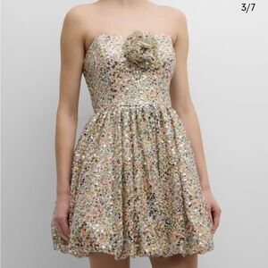 Liv Foster - Strapless Mini Sequin Bubble Skirt Front Rosette  Party Dress -